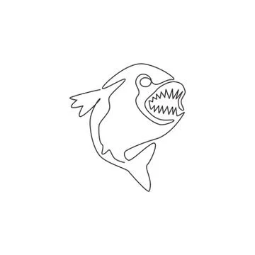 One single line drawing of angry piranha for logo identity. Amazon river fish Illustrazione stock