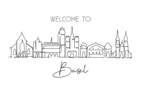 One single line drawing of Basel city skyline, Switzerland Stock Illustration