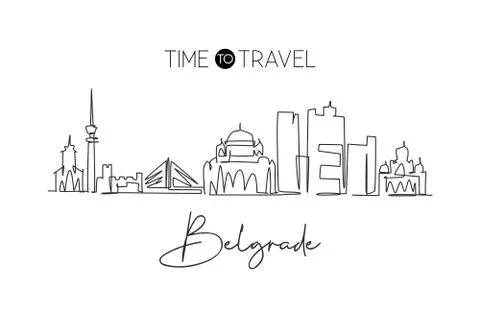 One single line drawing of Belgrade city skyline Serbia. Historical town Ilustración de archivo