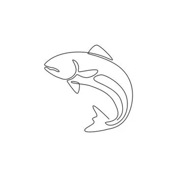One single line drawing of big salmon for logo identity. Large lake fish Stock Illustration