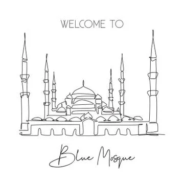 One single line drawing Blue Mosque landmark. Famous place in Istanbul Illustrazione stock
