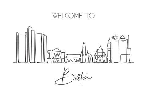 One single line drawing Boston city skyline, United States. Historical town 스톡 일러스트