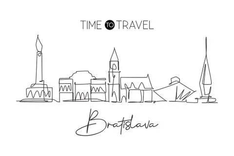 One single line drawing of Bratislava city skyline, Slovakia. Historical town Stock Illustration
