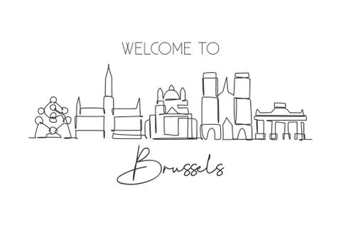 One single line drawing of Brussels city skyline, Belgium Stock-Illustration