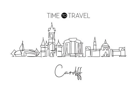 One single line drawing of Cardiff city skyline, Wales. Historical town Illustrazione stock