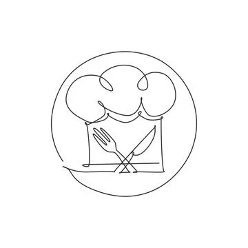 One single line drawing of chef hat or cap with fork and knife for restaurant Illustrazione stock