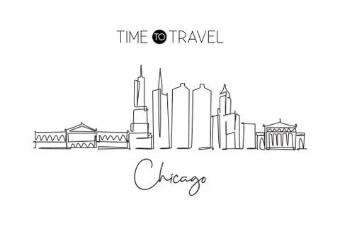 One single line drawing of Chicago city skyline, United States Stock Illustration