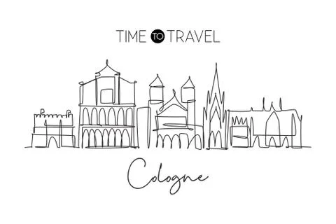 One single line drawing of Cologne city skyline. Historical city skyscraper Illustrazione stock