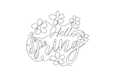 One single line drawing of cute and beauty typography quote - Hello Spring 스톡 일러스트