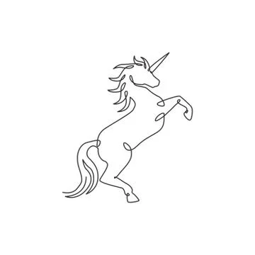 One single line drawing of cute jumping unicorn with horn for creative studio Stock-Illustration
