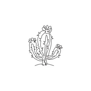 One single line drawing cute exotic tropical spiny cactus plant. Printable Stock Illustration