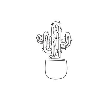 One single line drawing cute potted tropical prickly cactus plant. Printable Stock Illustration