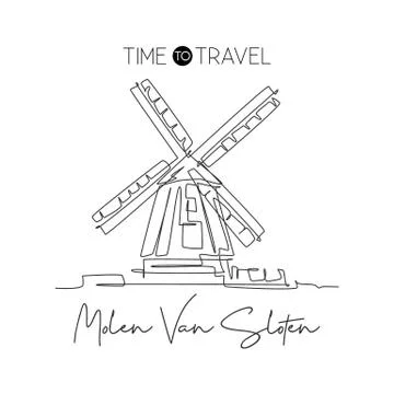 One single line drawing De Gooyer Windmill landmark. World famous place Stock Illustration