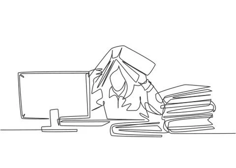 One single line drawing of depression employee sitting in front computer Stock Illustration