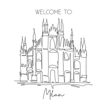 One single line drawing Duomo di Milano landmark. World famous place in Milan Illustrazione stock