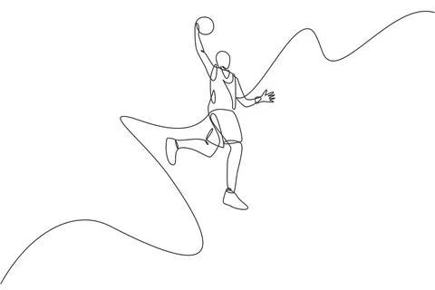 One single line drawing energetic basketball player jumping throw the ball Stock Illustration