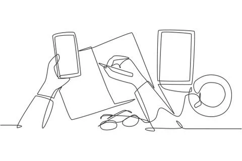 One single line drawing of finger hand touch the smartphone screen Stock Illustration