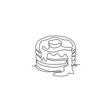 One single line drawing fresh stacked pancake with butter logo vector Stock Illustration