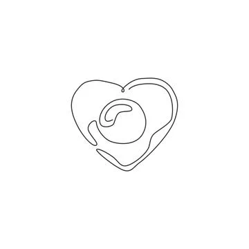 One single line drawing of fresh sunny side up egg with love shape logo Stock Illustration