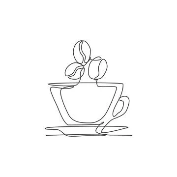One single line drawing of fresh aromatic black coffee with beans logo vector Illustrazione stock