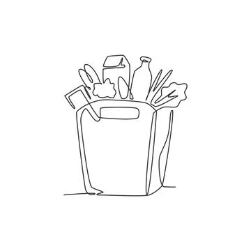 One single line drawing of fresh vegetables, milk, lettuce, carrot and bread Illustrazione stock