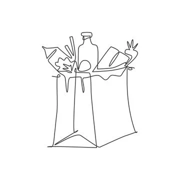 One single line drawing of fresh paper grocery bag contain milk, carrot, milk Illustrazione stock