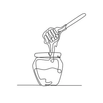 One single line drawing fresh sweet natural gold honey on glass jar Illustrazione stock