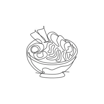 One single line drawing of fresh Japanese ramen logo graphic vector Illustrazione stock