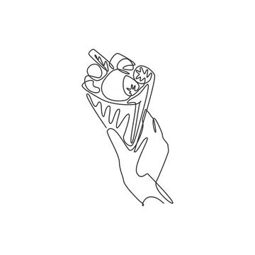 One single line drawing of fresh delicious crispy crepes with wafer stick Illustrazione stock