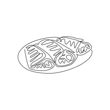 One single line drawing of fresh crispy crepes on plate logo vector Illustrazione stock
