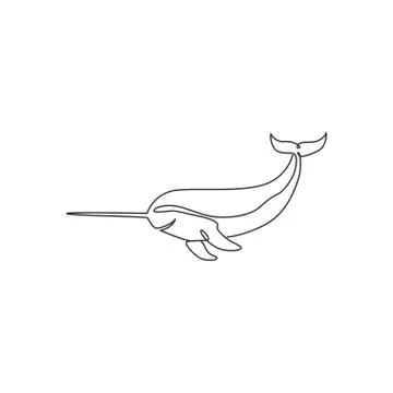 One single line drawing of funny cute narwhal for marine company logo Illustrazione stock