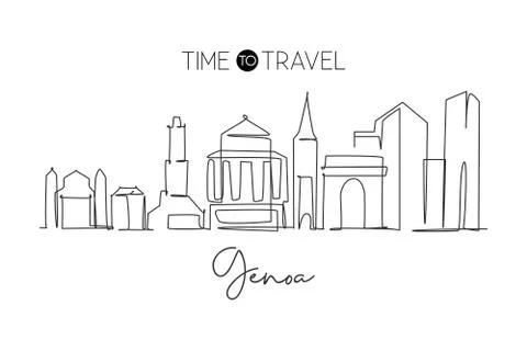 One single line drawing of Genoa city skyline, Italy. Historical skyscraper Stock Illustration