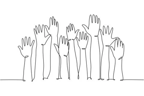 One single line drawing of group of people open up and raising their hands up Illustrazione stock