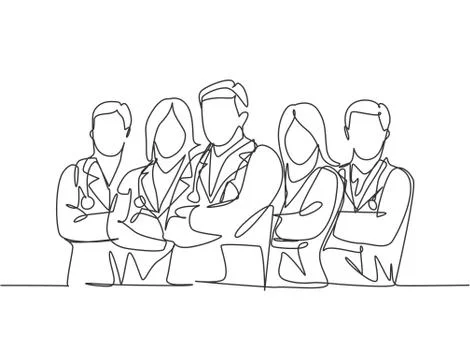 One single line drawing of group of male doctor and female doctor line up Stock Illustration