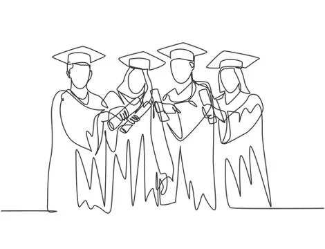 One single line drawing of group of male and female college student Stock Illustration