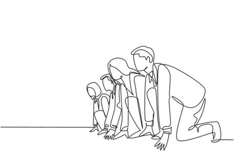 One single line drawing group of male and female worker gets ready to run Illustrazione stock