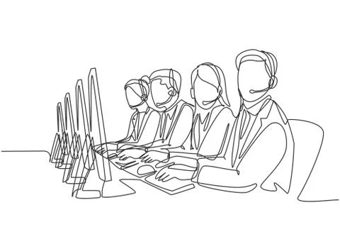 One single line drawing group of male and female customer service team member Illustrazione stock
