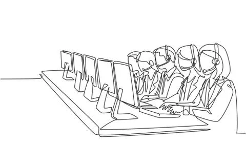 One single line drawing group of male and female customer service team member Stock Illustration