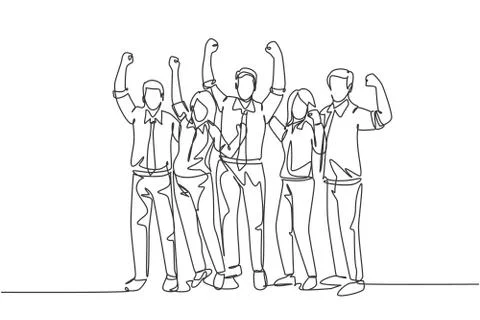 One single line drawing group of young happy male and female workers Stock-Illustration