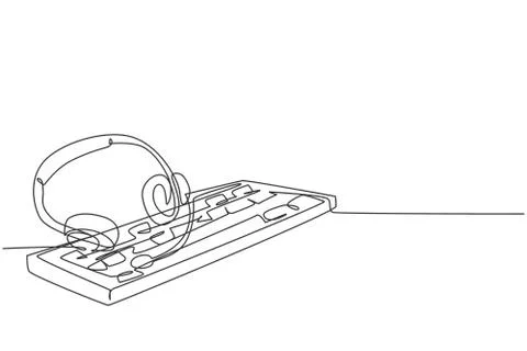 One single line drawing of headphone with microphone and keyboard on the work Stock-Illustration
