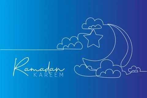 One single line drawing of islamic ornament with moon and star and cloudy sky Stock Illustration