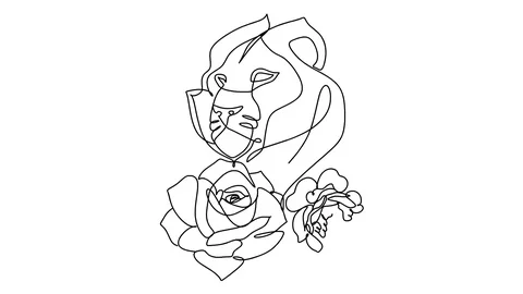 One single line drawing of isolated object lion with rose Stock-Footage 128425489