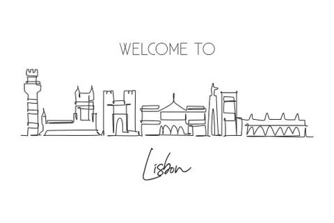 One single line drawing of Lisbon city skyline, Portugal. Historical town Illustrazione stock