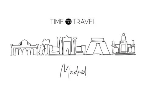 One single line drawing of Madrid city skyline, Spain. Historical skyscraper Ilustración de archivo