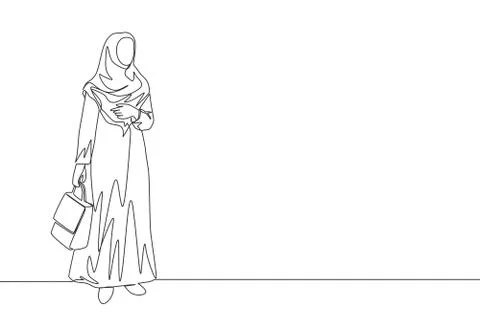 One single line drawing of muslim girl with head scarf carrying pocket bag Stock-Illustration