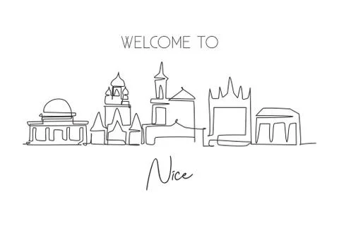 One single line drawing of Nice city skyline, France. Historical skyscraper Stock Illustration