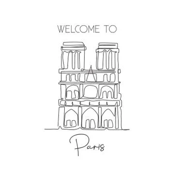 One single line drawing Notre-Dame landmark. World iconic famous place Stock Illustration