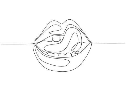 One single line drawing of old retro classic iconic lips and tongue from 80s Illustrazione stock