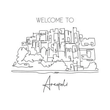 One single line drawing old Areopoli Greek village landmark. World famous Illustrazione stock