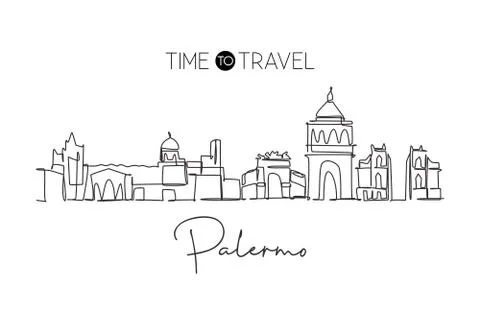 One single line drawing Palermo city skyline, Italy. Historical skyscraper Stock Illustration